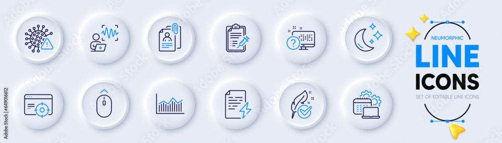 Voice wave, Swipe up and Vaccine report line icons for web app. Pack of Hypoallergenic tested, Covid virus, Moon pictogram icons. Money diagram, Power certificate, Software signs. Vector Voice wave, Swipe up and Vaccine report line icons for web app. Pack of Hypoallergenic tested, Covid virus, Moon pictogram icons. Money diagram, Power certificate, Software signs. Vector