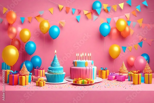 Birthday balloons and happy birthday cake with colorful candles