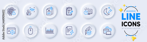 Voice wave, Swipe up and Vaccine report line icons for web app. Pack of Hypoallergenic tested, Covid virus, Moon pictogram icons. Money diagram, Power certificate, Software signs. Vector