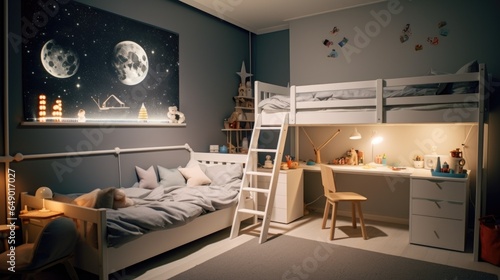 A child's bedroom with a bunk bed and desk photo
