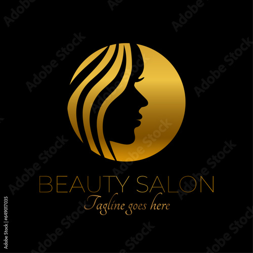 Gold Beauty or Hair Salon Logo with Woman Face and Hair