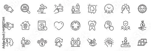 Icons pack as Discrimination, Heart and Empower line icons for app include Fingerprint access, People insurance, Pay outline thin icon web set. Champagne glasses, Difficult stress. Vector