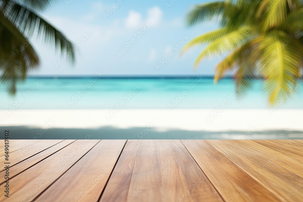 Light wood deck with blurred tropical background, white tabletop ocean view for product display