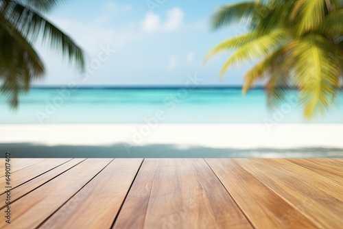 Light wood deck with blurred tropical background, white tabletop ocean view for product display © Olena