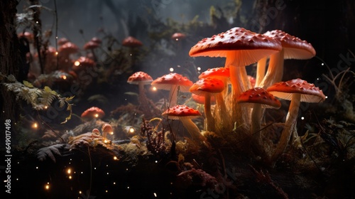 Ьushrooms in the night forest burn with a bright light from above © stv