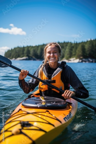 Beautiful young female kayaking. Generative AI