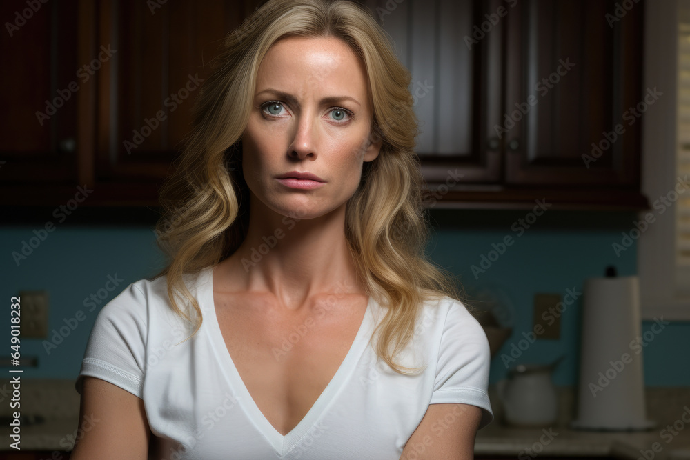 Fototapeta premium Woman in white shirt looking directly at camera. Suitable for various uses.