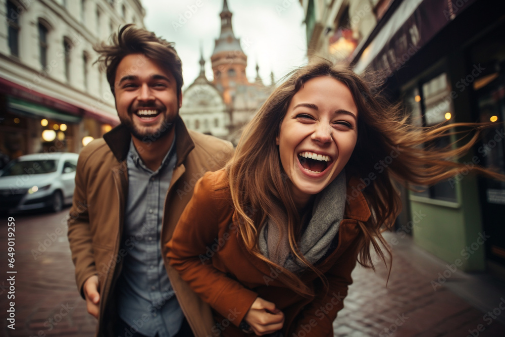 Lifestyles, relationship and multicultural concept. Happy young and beautiful couple walking in city. Joyful mood. Cityscape in background. Autumn weather. Generative AI Lifestyles, relationship and multicultural concept. Happy young and beautiful couple walking in city. Joyful mood. Cityscape in background. Autumn weather. Generative AI