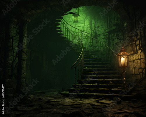 Halloween stairs to dungeon lit in ominous green light