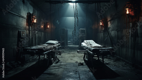 Abandoned insane asylum hospital beds in dark empty corridor