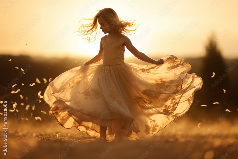 A girl in a dress dancing against the backdrop of a setting sun A girl in a dress dancing against the backdrop of a setting sun