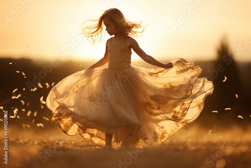 A girl in a dress dancing against the backdrop of a setting sun