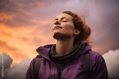 Woman wearing purple jacket gazes up at sky. This image can be used to depict wonder, curiosity, or beauty of nature.
