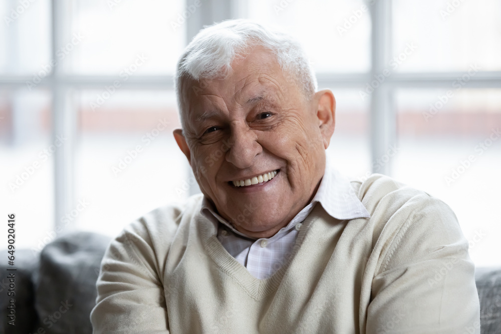 Close up headshot portrait of smiling elderly 70s man speak talk on video call with relatives, happy mature 80s grandfather look at camera have pleasant webcam conference conversation at home Close up headshot portrait of smiling elderly 70s man speak talk on video call with relatives, happy mature 80s grandfather look at camera have pleasant webcam conference conversation at home