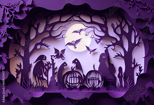 Halloween scene made of purple paper photo