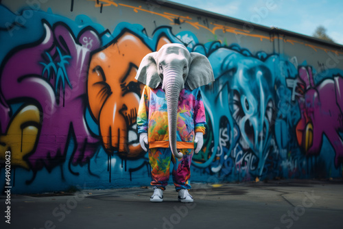 Elephant in casual colorful clothes posing in front of a wall with graffiti. Street daily scene with funky style animal as a man.