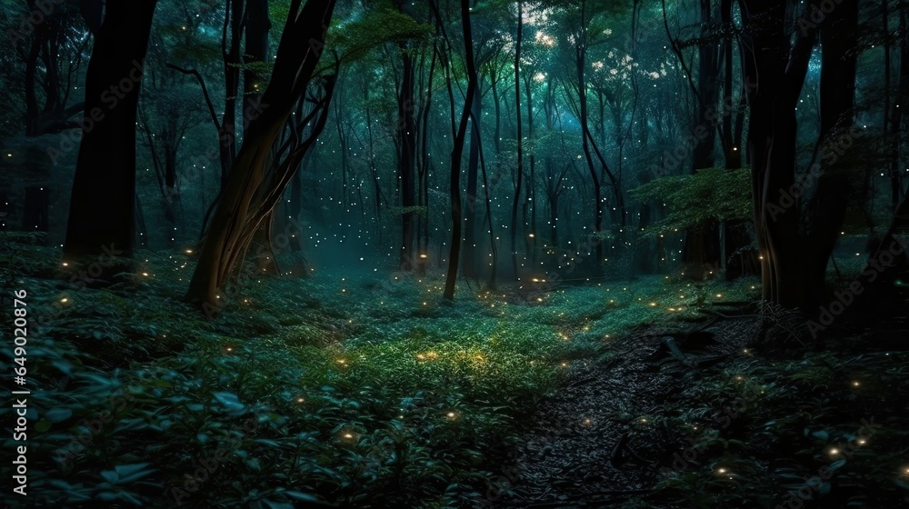 Fototapeta premium fireflies in night forest