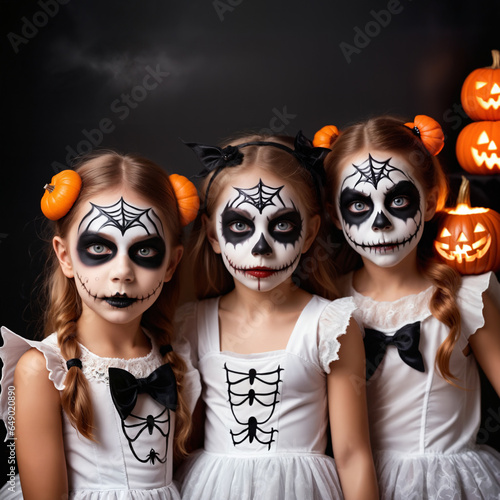 Group of 3 child girls in halloween costumes and with horror face paint makeup. Halloween background with pumpinks. photo