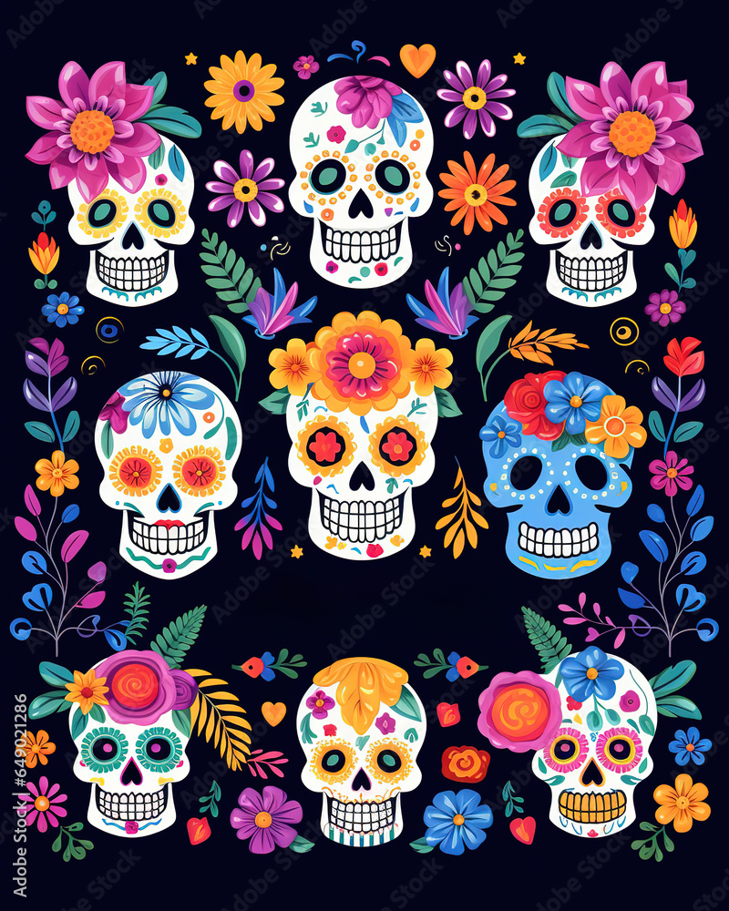 Day of the dead, Dia de los moertos, skull and flowers, generative ai Day of the dead, Dia de los moertos, skull and flowers, generative ai