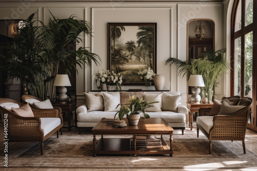 An elegant fusion of traditional British colonial style and timeless sophistication, this living room showcases vintage charm with cozy, comfortable furnishings, natural materials