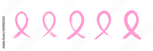 Set of pink ribbons cancer control symbol. Brush strokes.