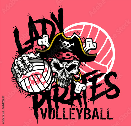 distressed lady pirates volleyball team design with mascot skull for school, college or league sports