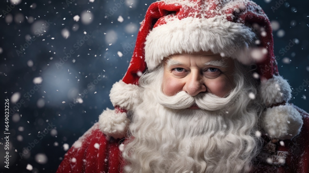 A close-up portrait of Santa Claus with a white beard, red hat, and a joyful smile, looking at the camera as snow falls. A close-up portrait of Santa Claus with a white beard, red hat, and a joyful smile, looking at the camera as snow falls.