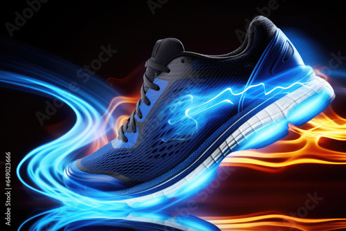 Pair of running shoes with glowing shoelace. Perfect for night runs and adding touch of style to your workout attire.