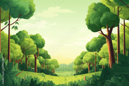 Cartoon illustration depicting green forest scene. This image can be used for various purposes, such as children's books, nature-themed designs, or environmental campaigns.