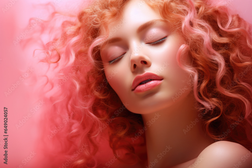 Picture of woman with vibrant red curly hair and her eyes closed. This image can be used to convey relaxation, meditation, or peacefulness. It can also be used in beauty and lifestyle contexts.