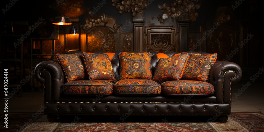 Exclusive Wohnzimmergarnitur Couch aus Leder im edlen modernsten Design in Top aktuellen Farben mit wunderschöner Kulisse in Querfomat als Banner, ai, generativ 