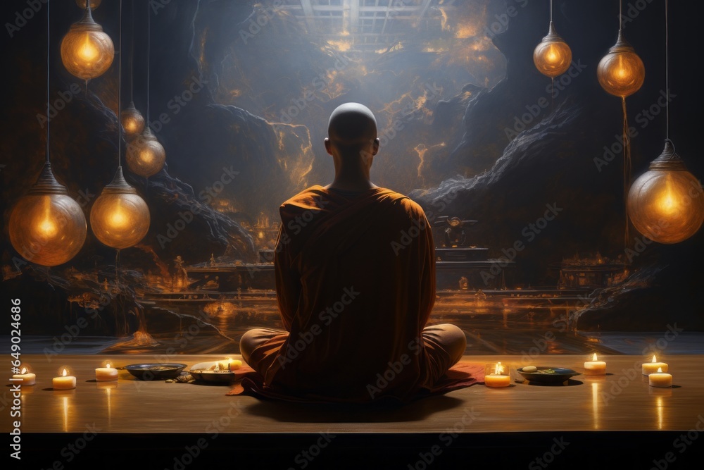 meditating monk in yoga lotus pose by serene lake, Generative AI