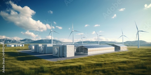 Hydrogen Storage Facility Accompanied by Wind Turbines, Solar Panels, and Integrated Fluid Networks, Exemplifying the Vision of a Global Energy Company