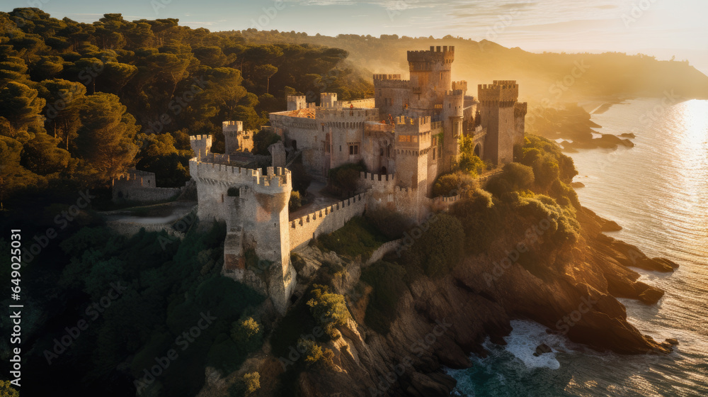 Castle on the cliff landscape, aerial view of medieval fortress architecture