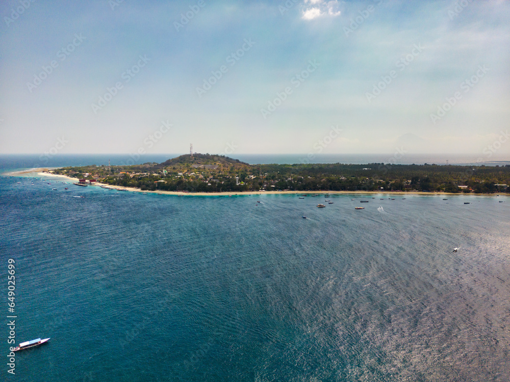 Gili Island, Gili Trawangan, aerial landscape by drone in Lombok, Bali, Indonesia
