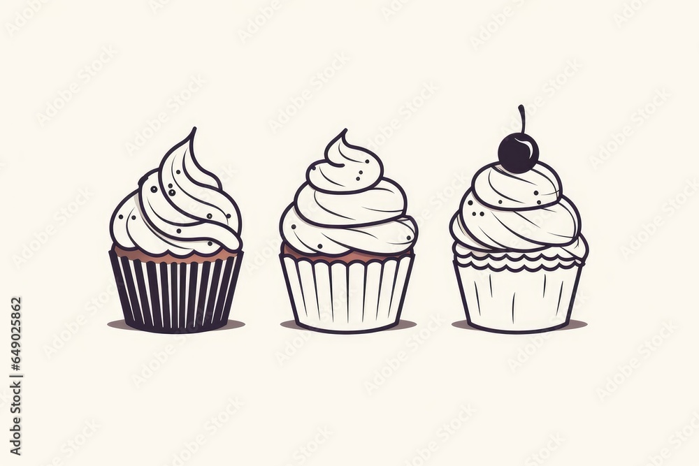 A set of muffins on a white background decorated, line art A set of muffins on a white background decorated, line art