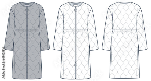 Puffer Coat technical fashion Illustration. Down Jacket fashion flat technical drawing template, zipper, waist drawstring, front and back view, white, grey, women, men, unisex Outerwear CAD mockup set