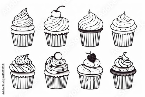 A set of cupcakes on a white background decorated  line art