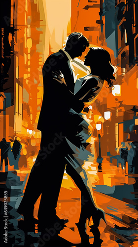 Couple in love hugging on the street of a big city. Poster art.