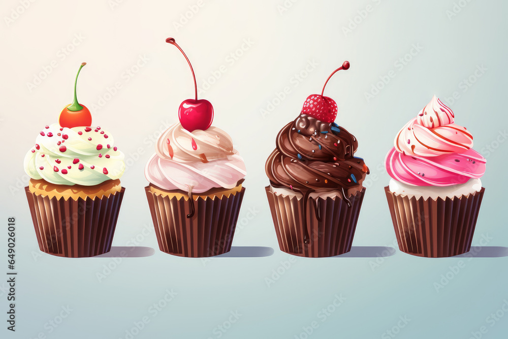 Four multicolored cupcakes on a blue background decorated with berries