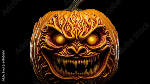Halloween pumpkin. Scary halloween carved pumpkin face on black background.