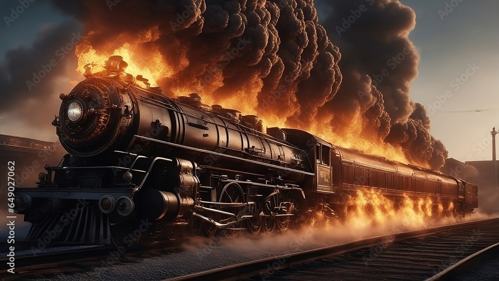 steam train at the station blowing up on fire melting - obrazy, fototapety, plakaty 