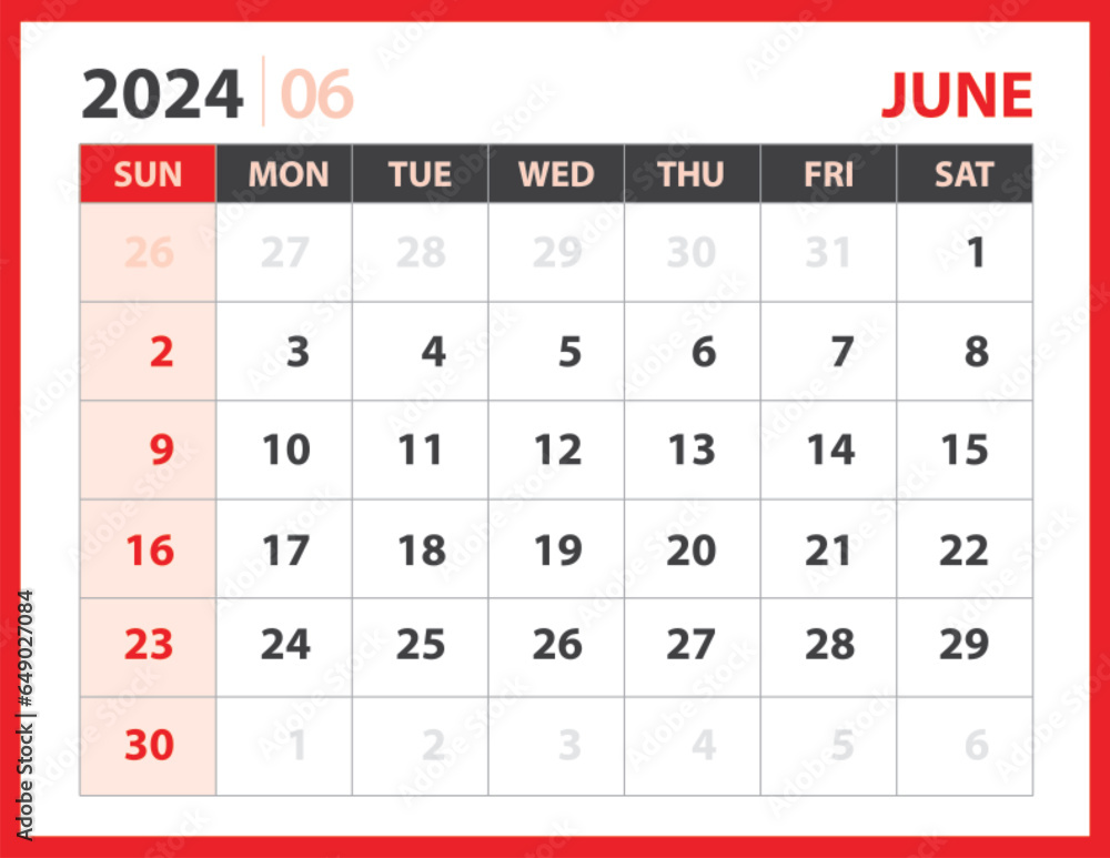 June 2024 template, Calendar 2024 design vector, planner layout, Week starts Sunday, Desk calendar 2024 template, Stationery. Wall calendar on red background, vector eps 10 June 2024 template, Calendar 2024 design vector, planner layout, Week starts Sunday, Desk calendar 2024 template, Stationery. Wall calendar on red background, vector eps 10