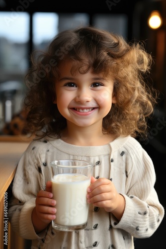 Cute little girl kid holding a cup of milk, feel happy enjoy drinking milk in kitchen. Generative AI