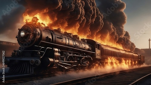 steam train at the station blowing up on fire melting