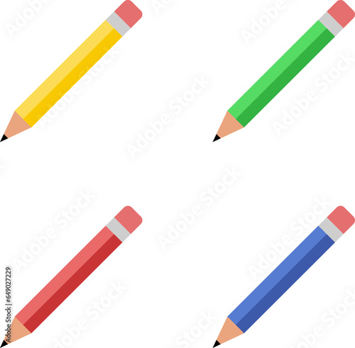Pencils, vector. Pencils with eraser. Yellow, green, red and blue pencil.