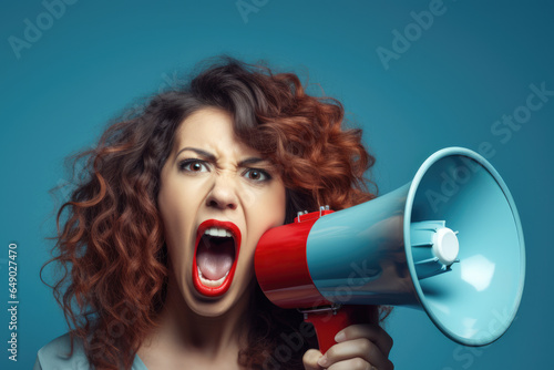 Woman holding megaphone and screaming loudly. This image can be used to depict concepts of protest, activism, communication, or public speaking.