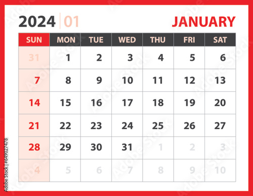 January 2024 template, Calendar 2024 design vector, planner layout, Week starts Sunday, Desk calendar 2024 template, Stationery. Wall calendar on red background, vector eps 10