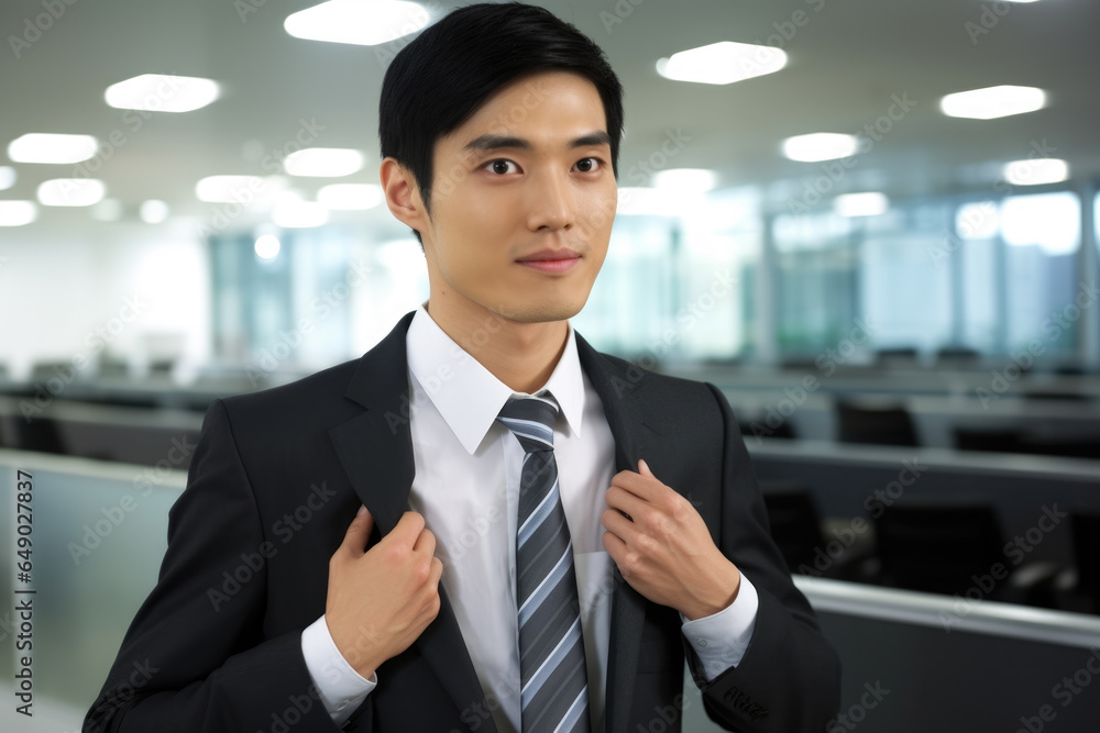 Professional man dressed in suit and tie standing confidently in office setting. This image can be used to depict concepts such as professionalism, business, success, or corporate environments. Professional man dressed in suit and tie standing confidently in office setting. This image can be used to depict concepts such as professionalism, business, success, or corporate environments.