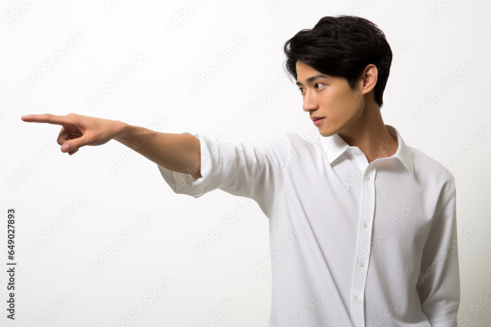 Man wearing white shirt is pointing at something. This image can be used to represent directions, instructions, or highlighting specific object or concept. Man wearing white shirt is pointing at something. This image can be used to represent directions, instructions, or highlighting specific object or concept.